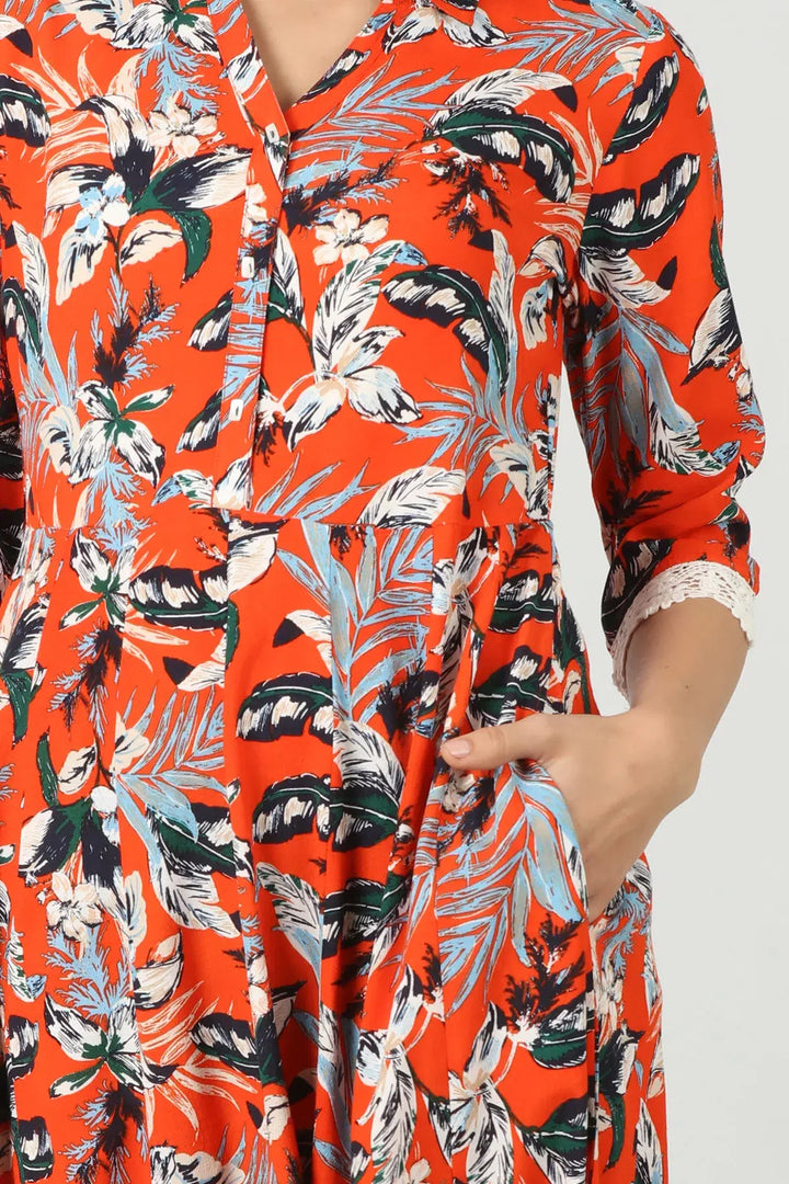 Orange Printed Collared Dress