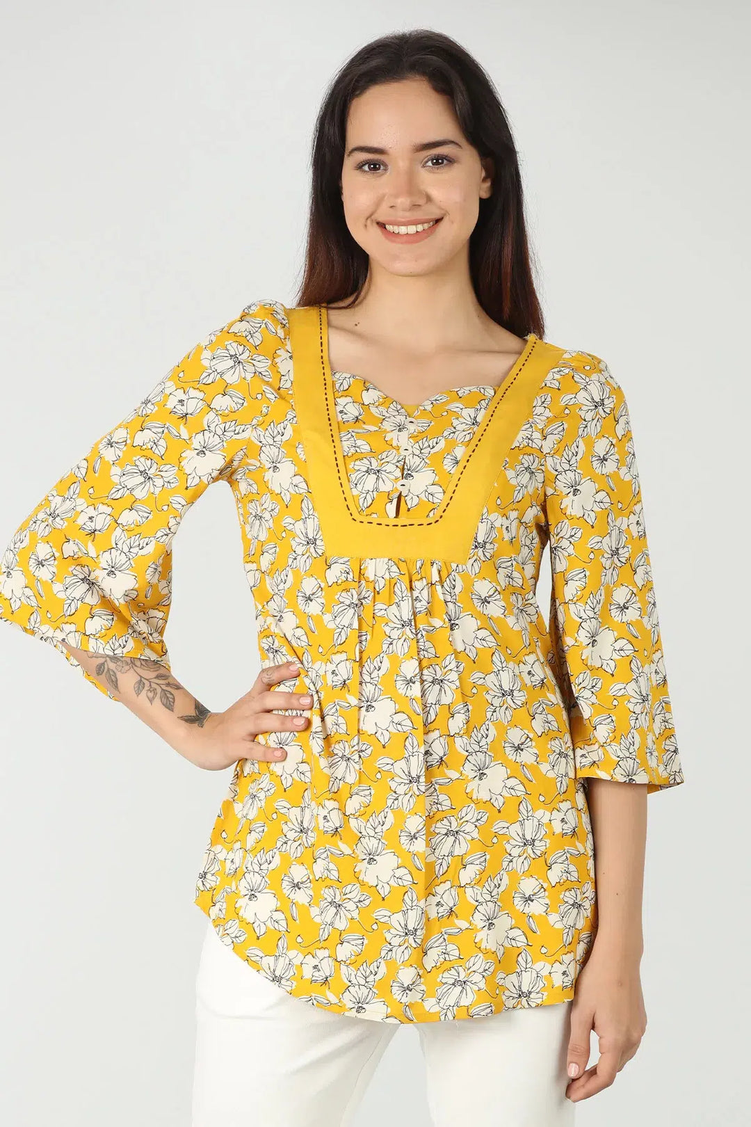Mustard Yellow round neck floral print Top