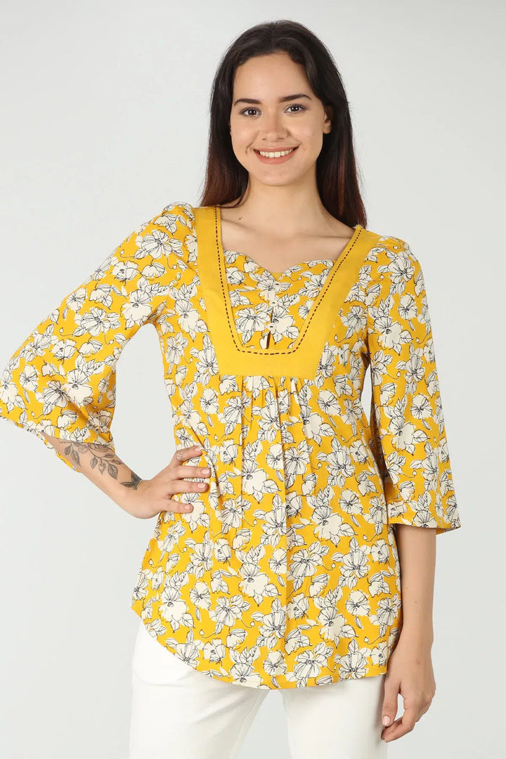 Mustard Yellow round neck floral print Top