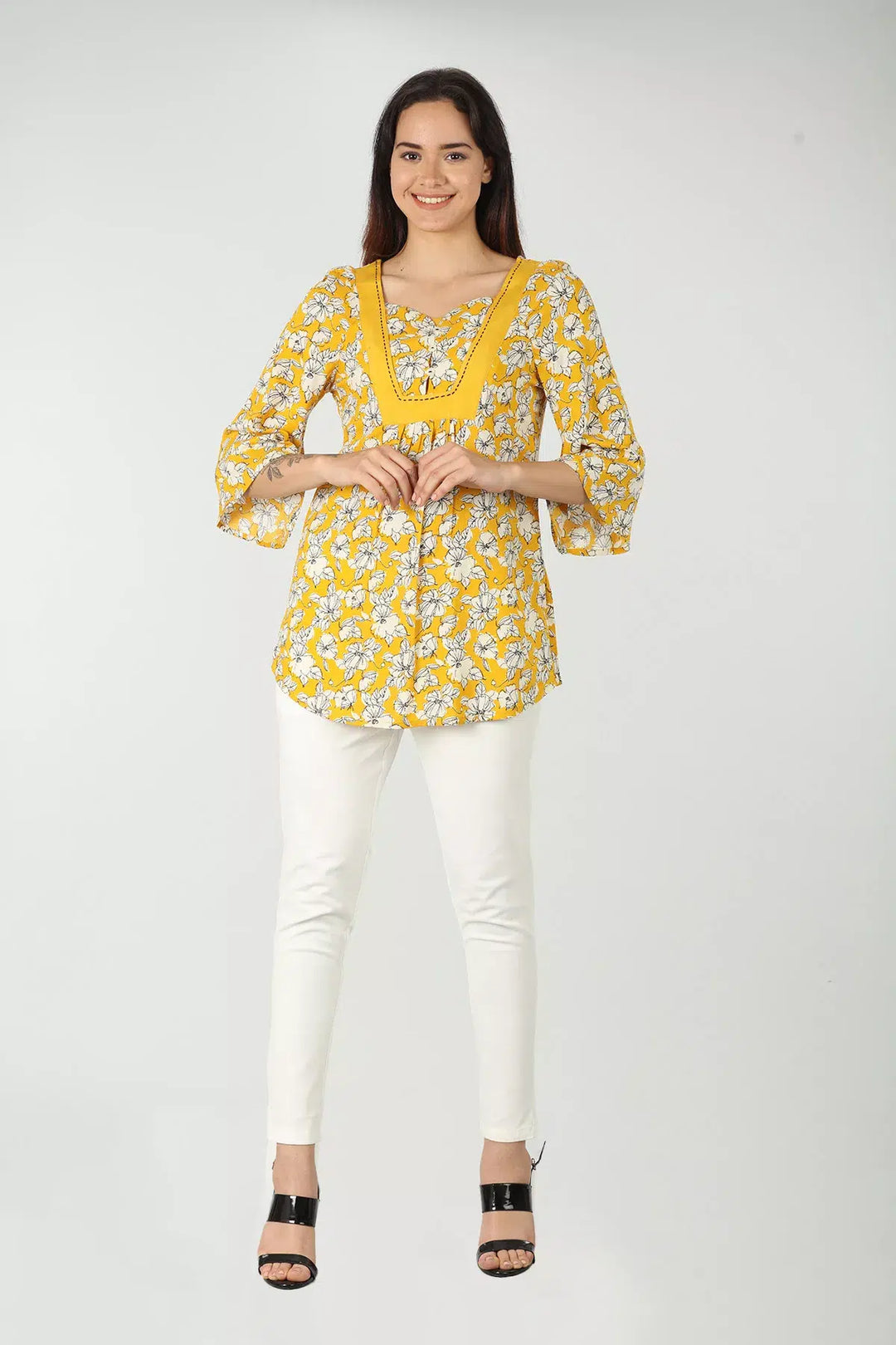 Mustard Yellow round neck floral print Top