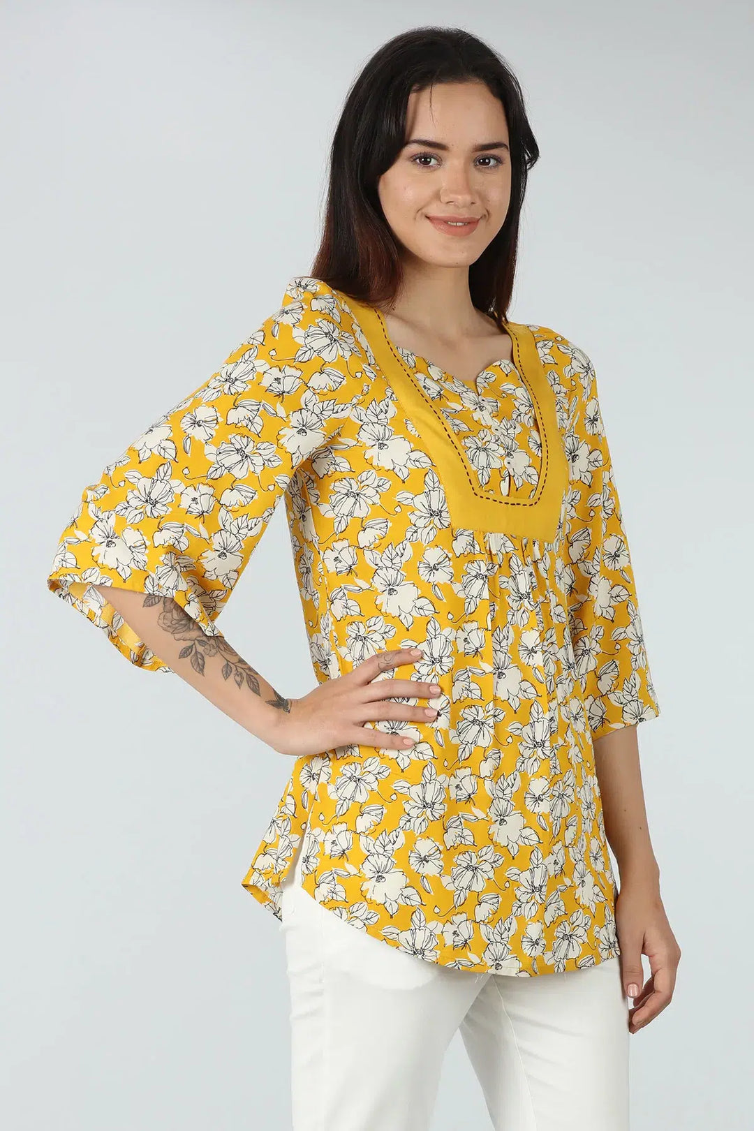Mustard Yellow round neck floral print Top