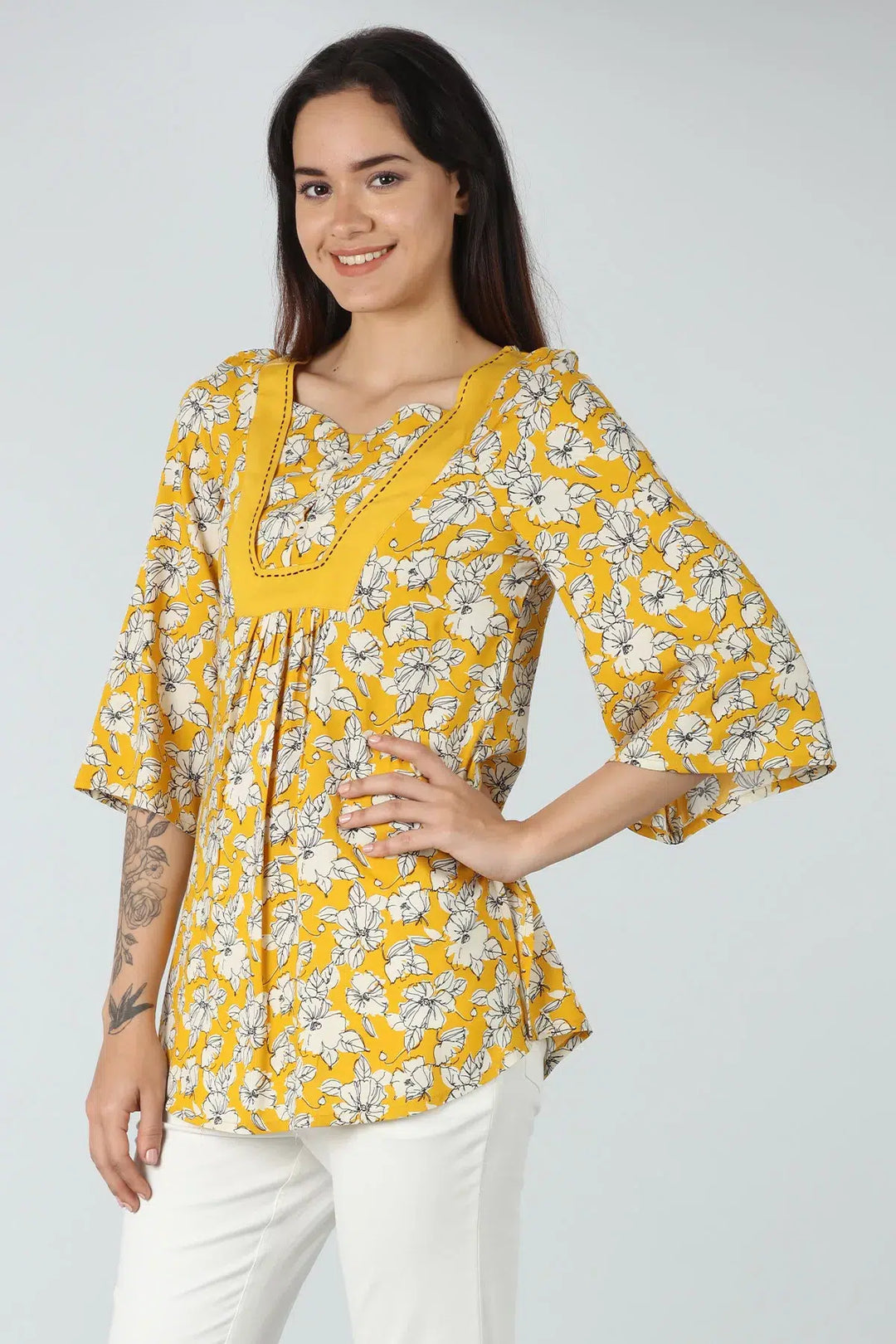 Mustard Yellow round neck floral print Top