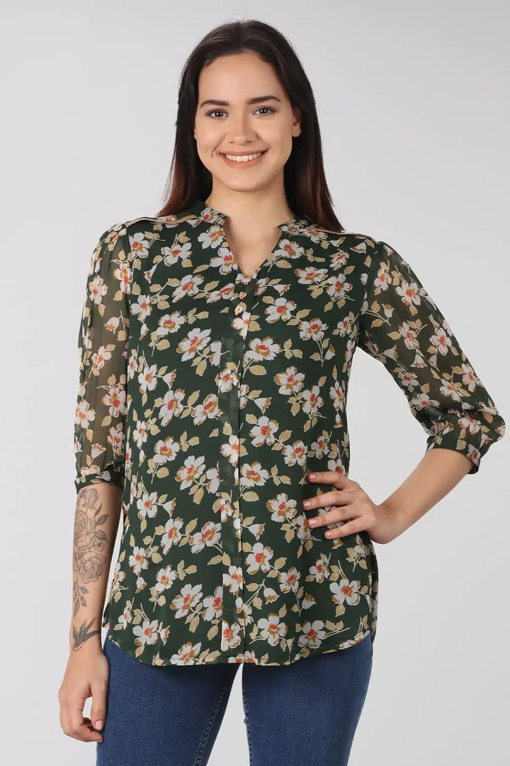 Dark Green floral print Mandarin Neck