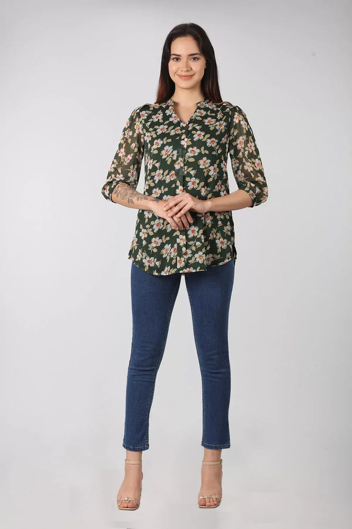 Dark Green floral print Mandarin Neck