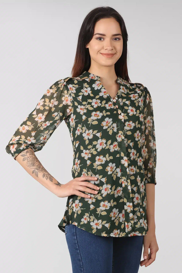 Dark Green floral print Mandarin Neck