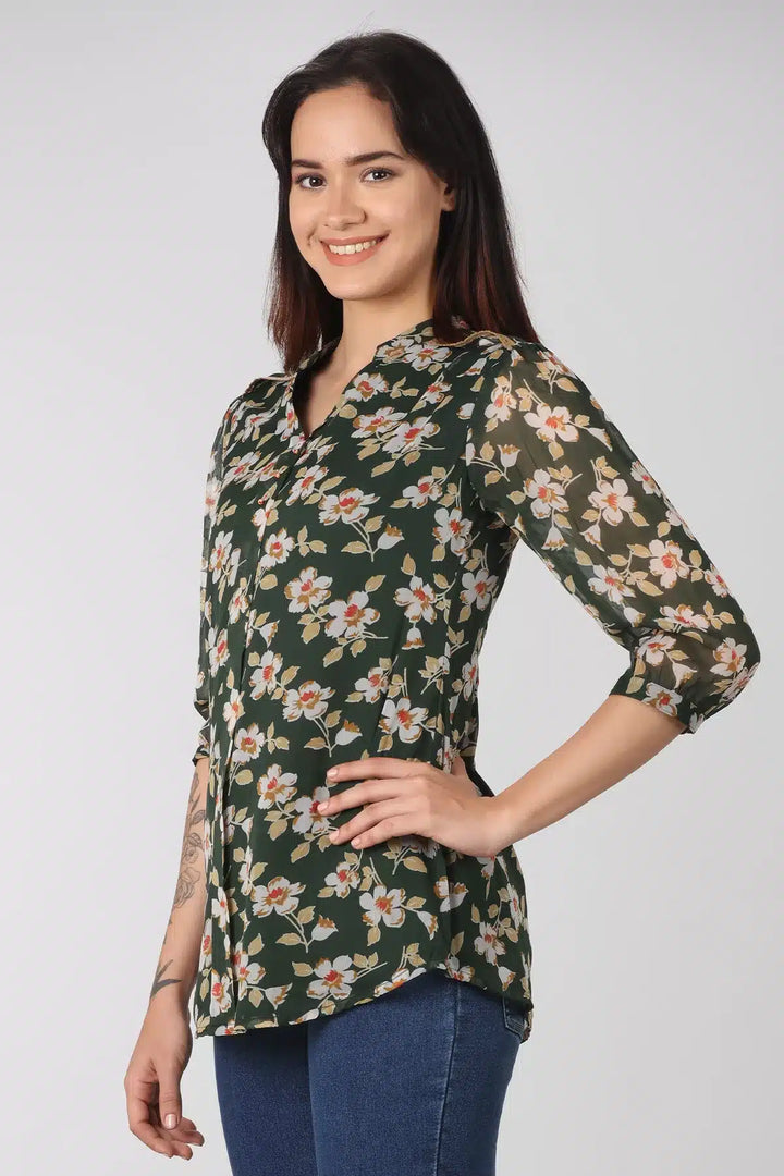 Dark Green floral print Mandarin Neck