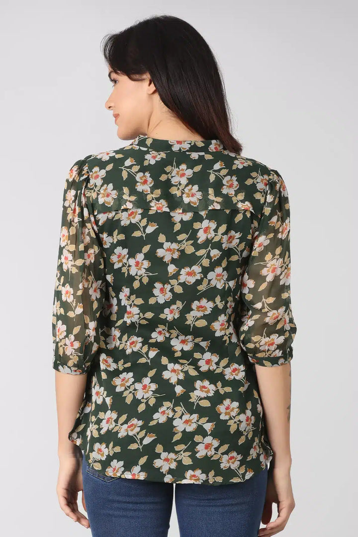Dark Green floral print Mandarin Neck