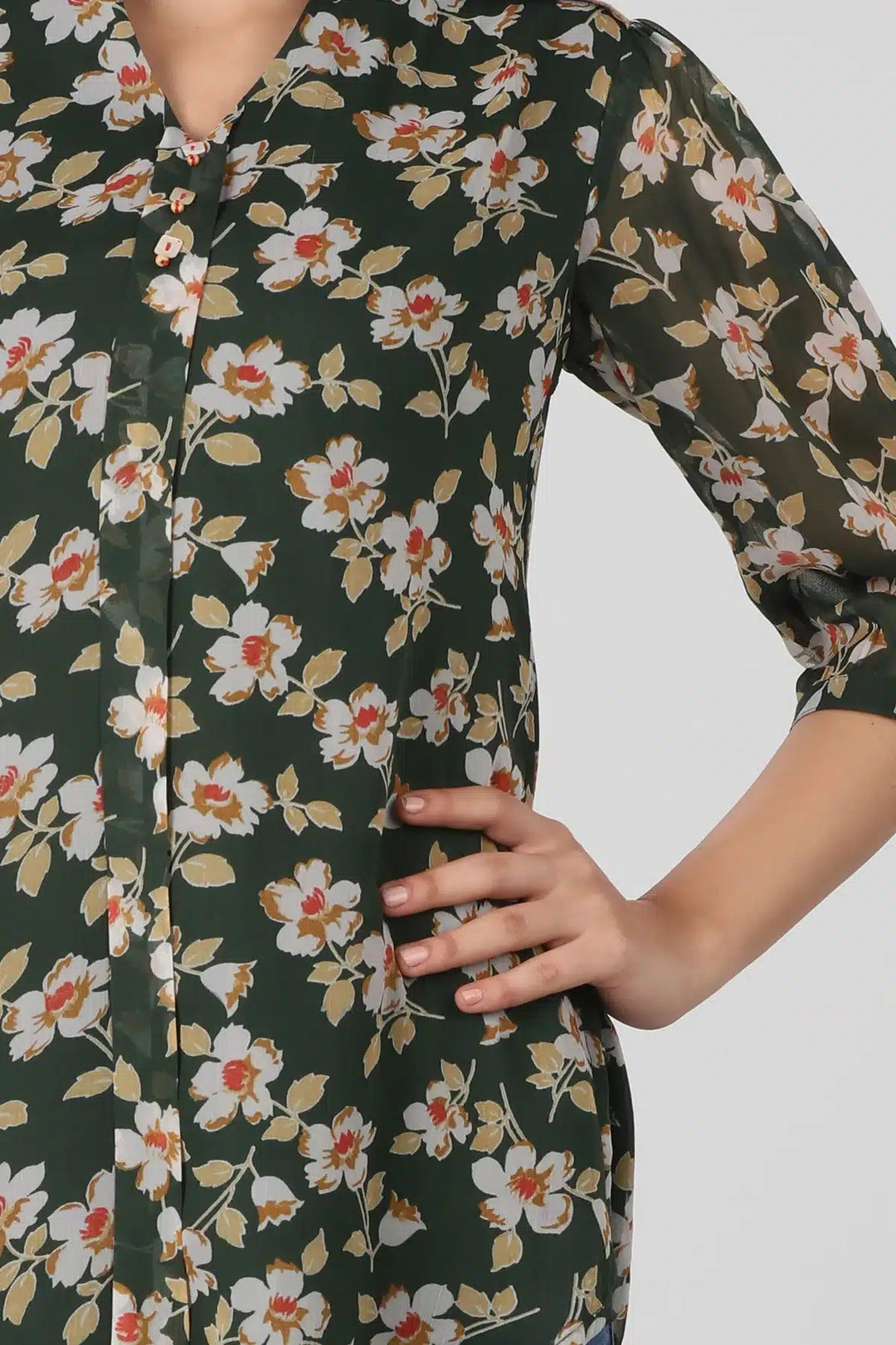 Dark Green floral print Mandarin Neck