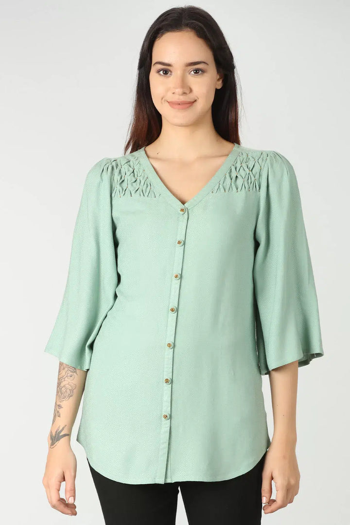 Light Green viscose flared sleeves Top
