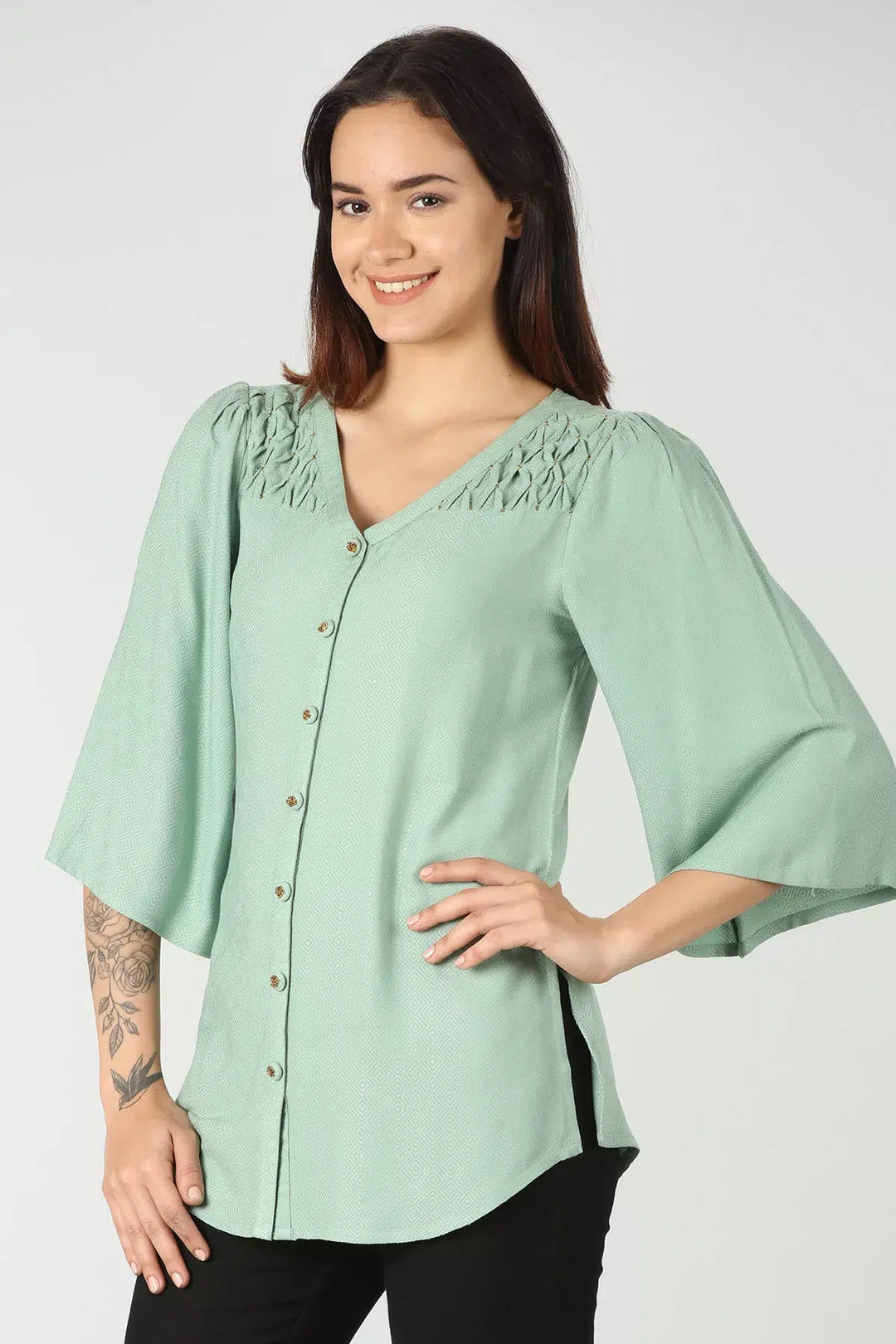 Light Green viscose flared sleeves Top