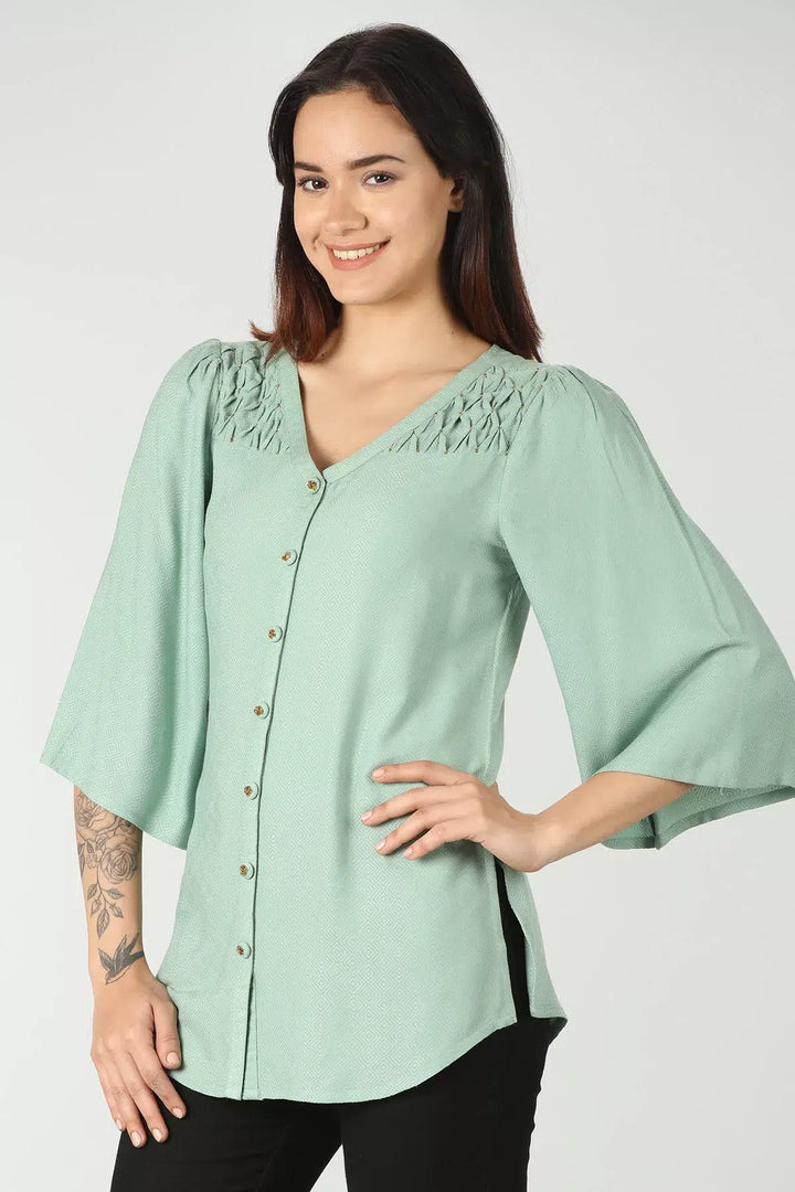 Light Green viscose flared sleeves Top