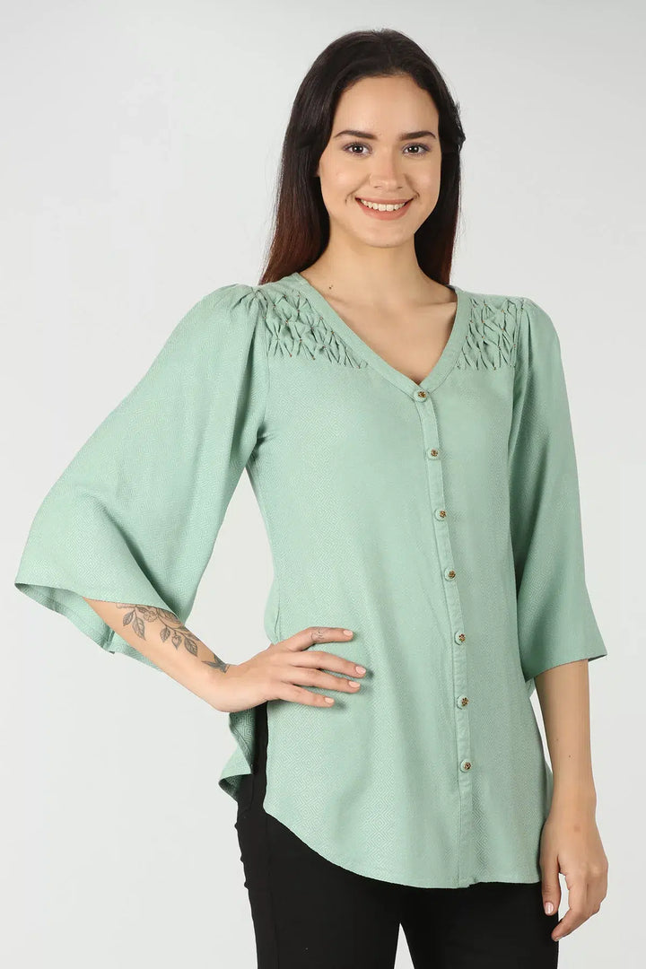 Light Green viscose flared sleeves Top