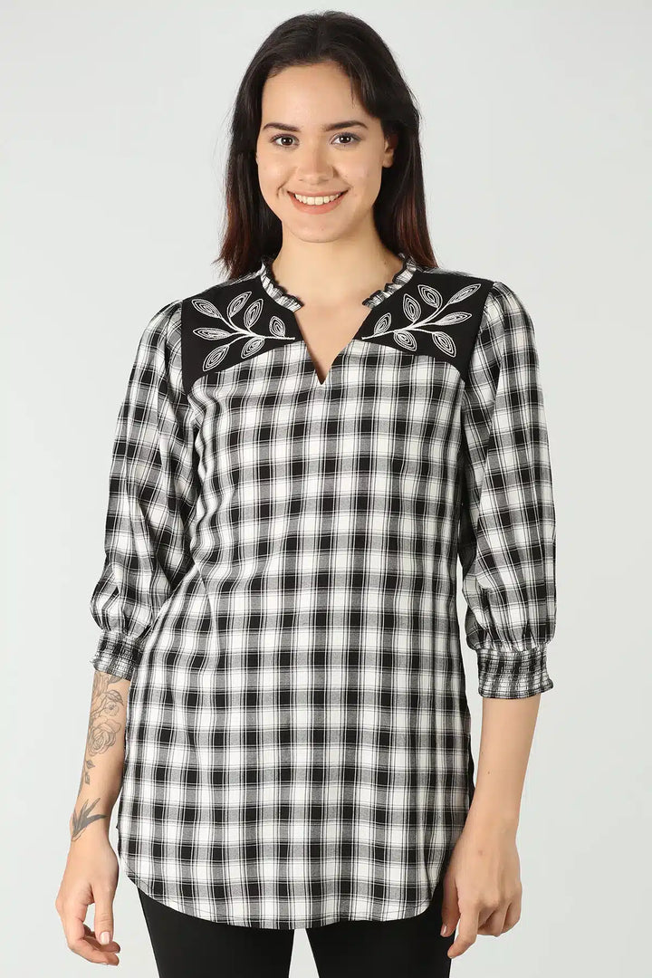 Black and white check - embroidered top