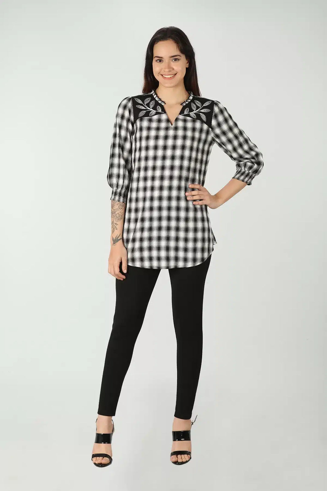 Black and white check - embroidered top