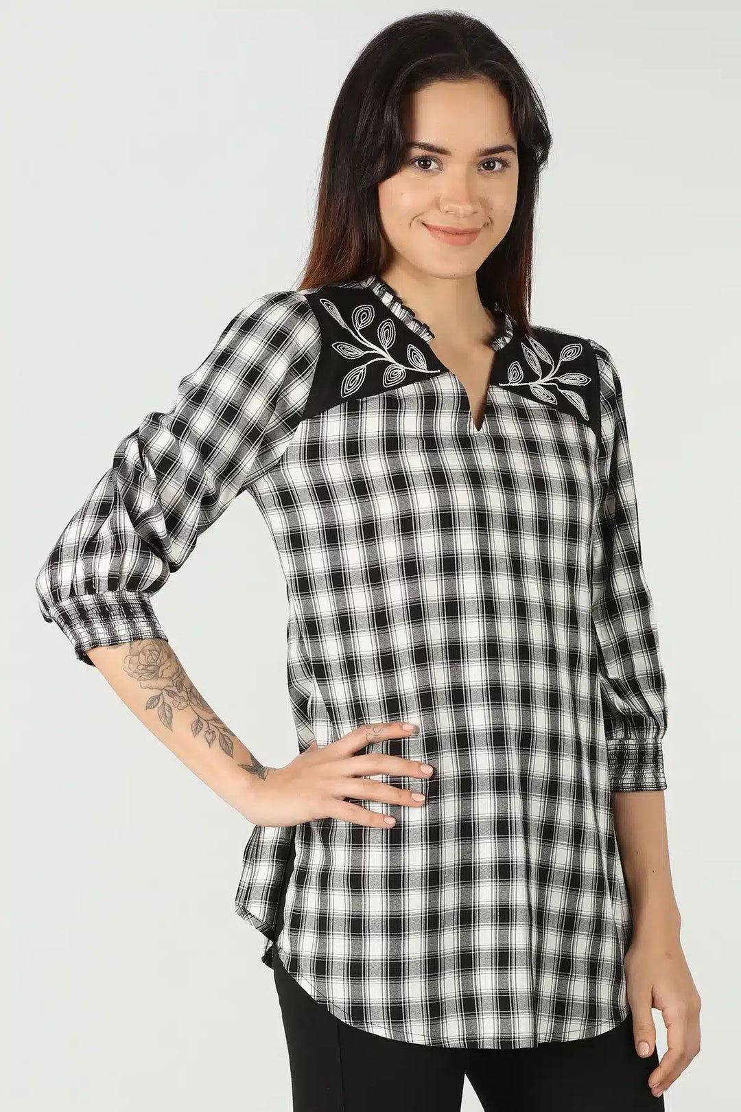 Black and white check - embroidered top