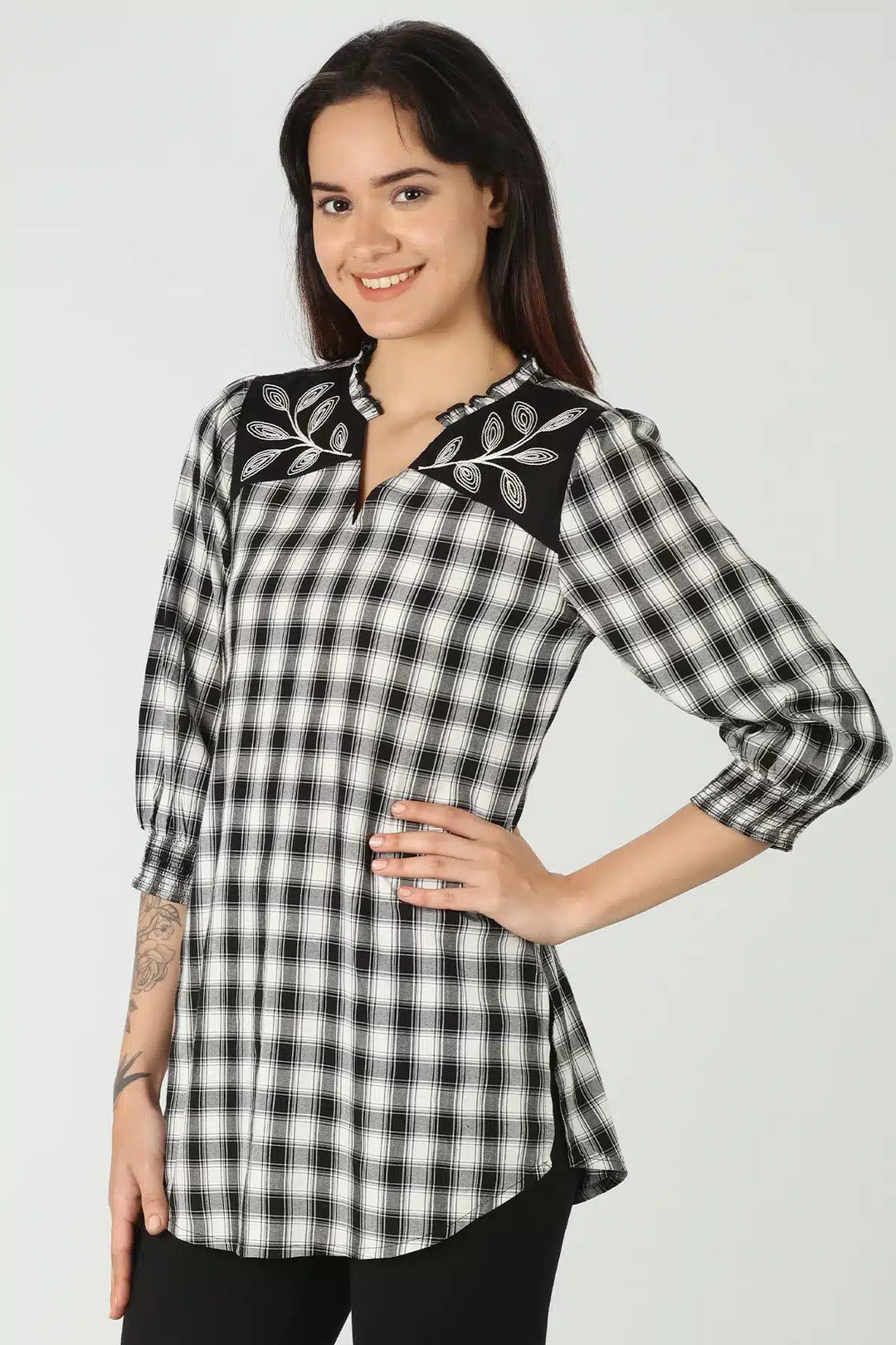 Black and white check - embroidered top