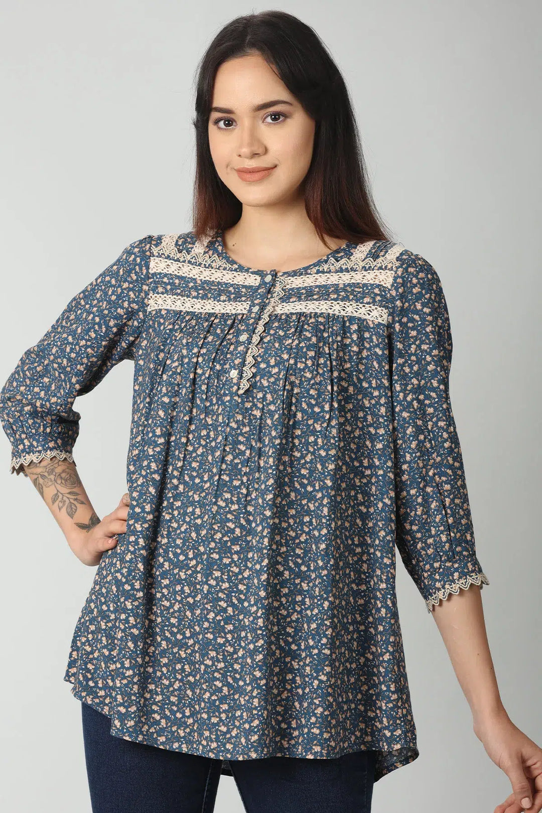 Blue printed lace work top
