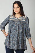 Blue printed lace work top