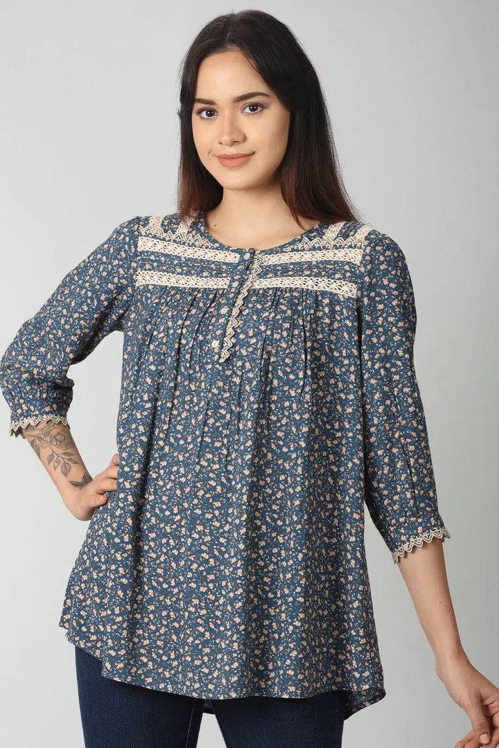 Blue printed lace work top