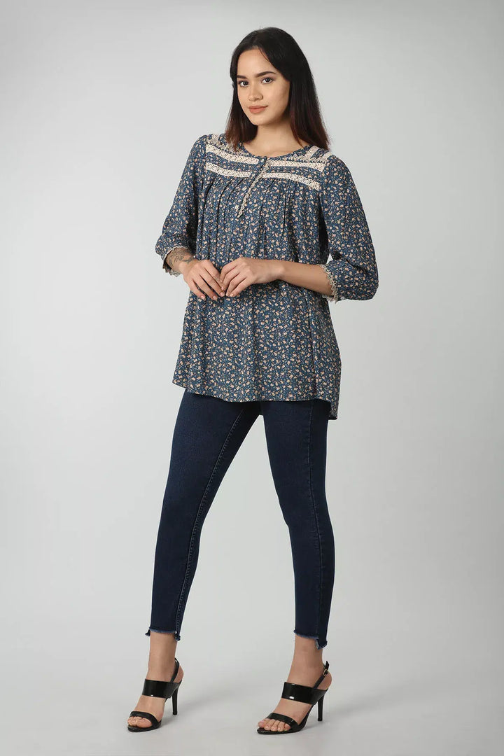 Blue printed lace work top