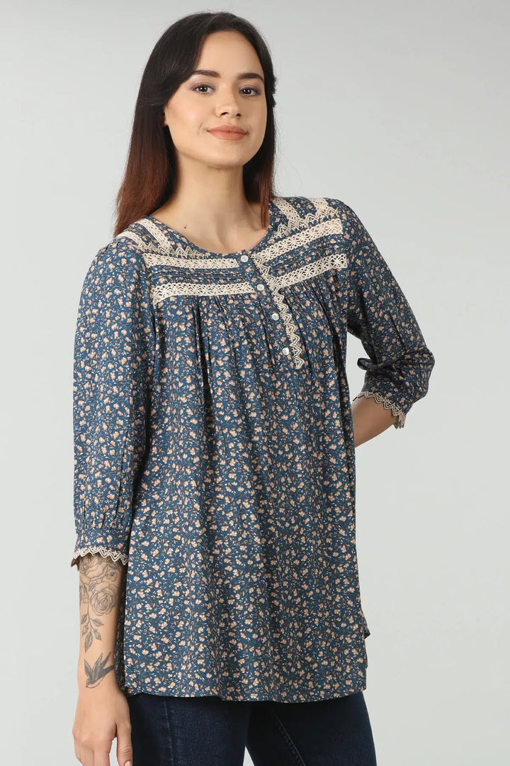 Blue printed lace work top