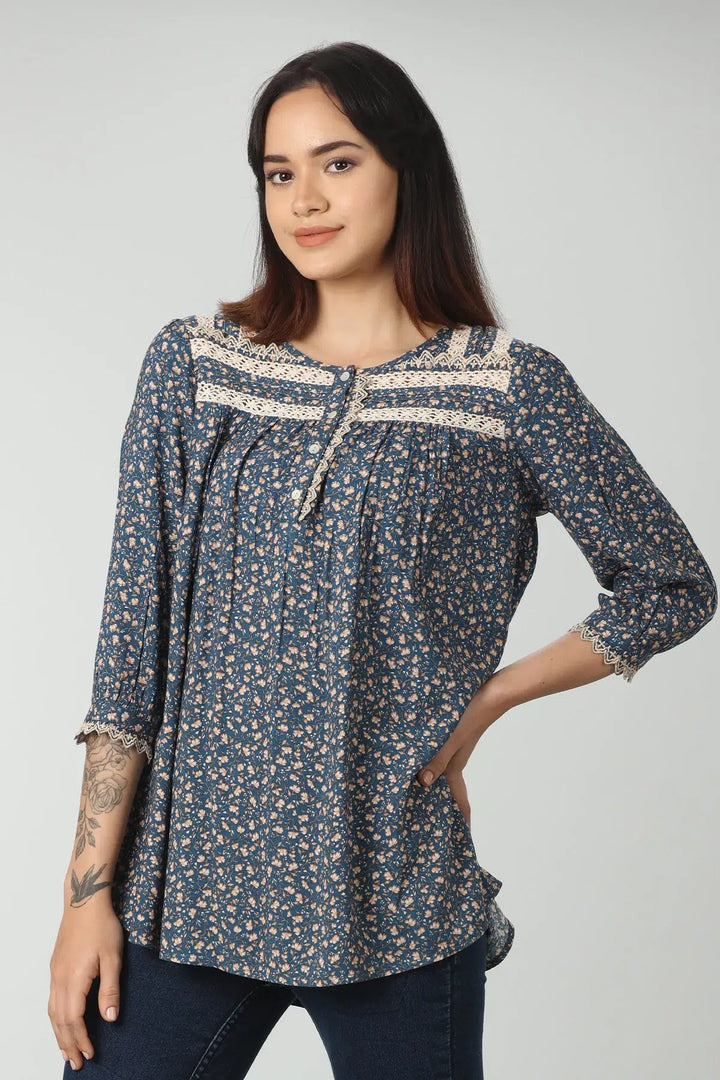 Blue printed lace work top