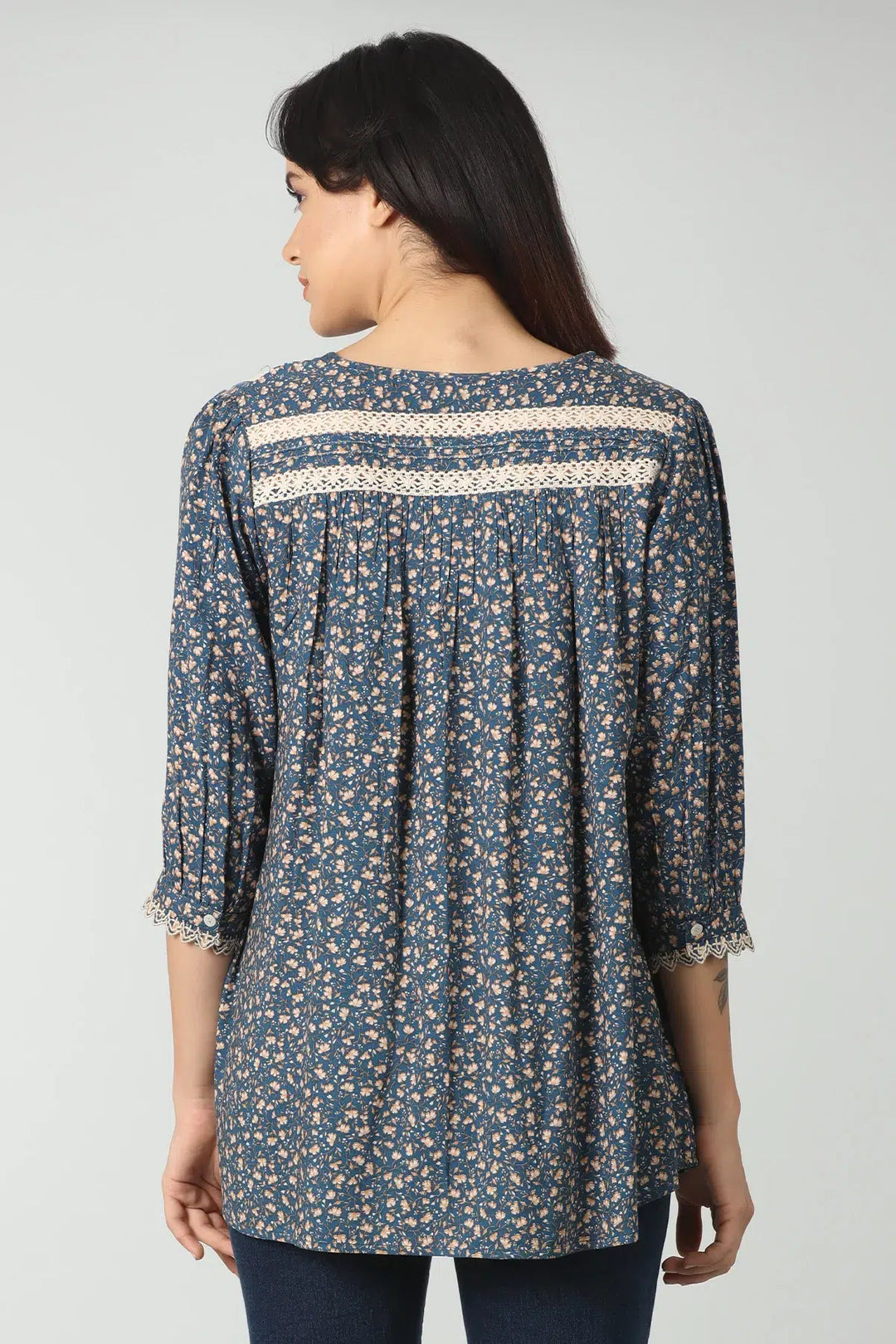 Blue printed lace work top