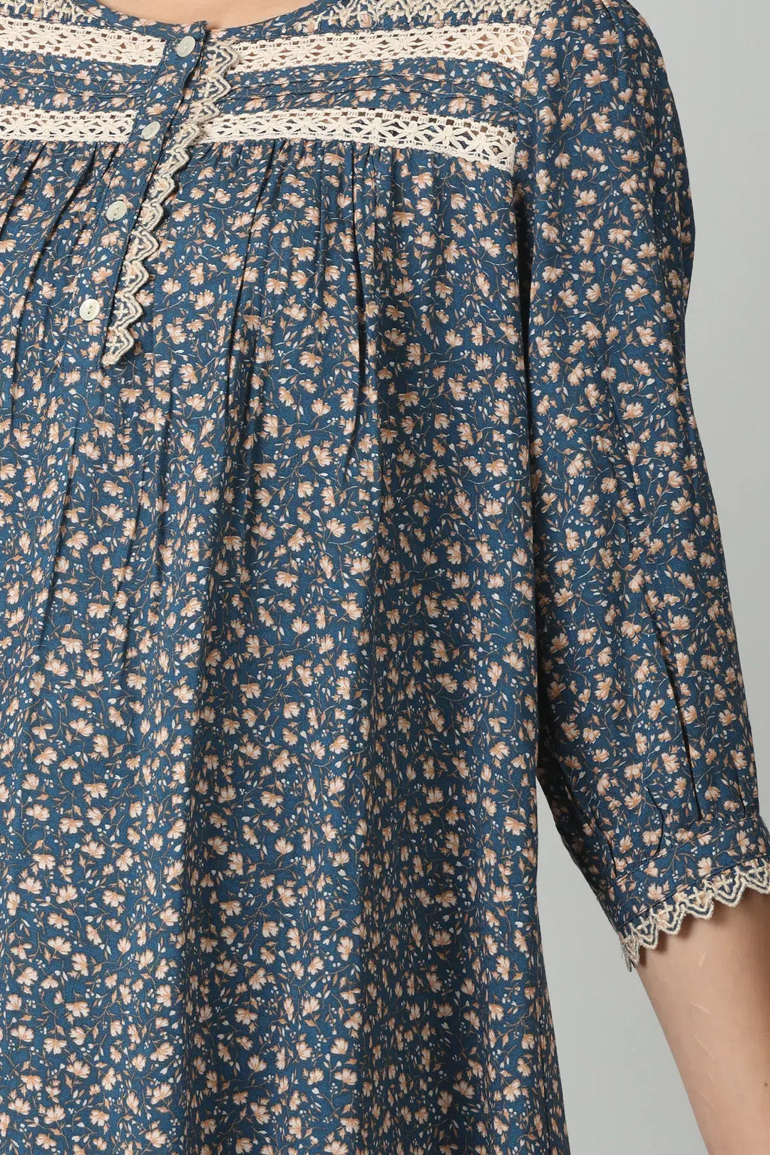 Blue printed lace work top