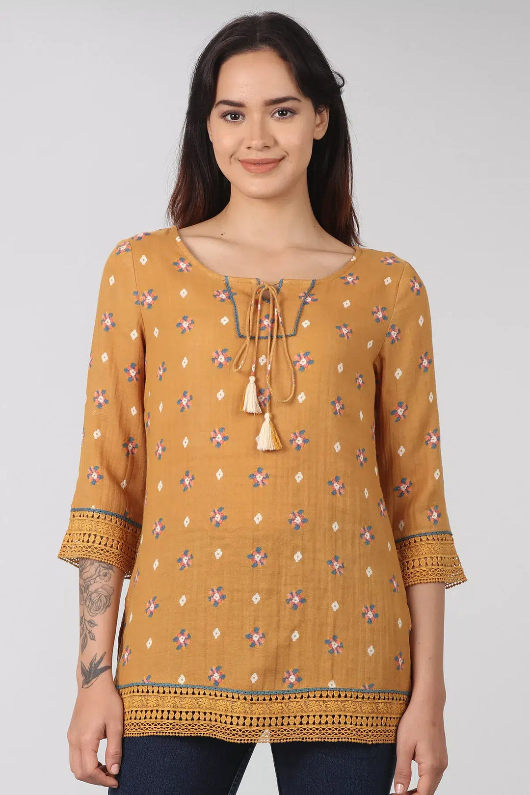 Mustard tie-up neck top