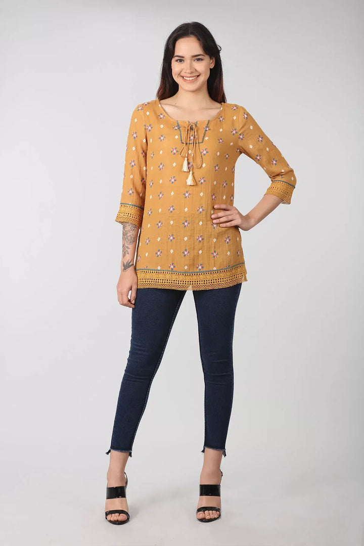 Mustard tie-up neck top