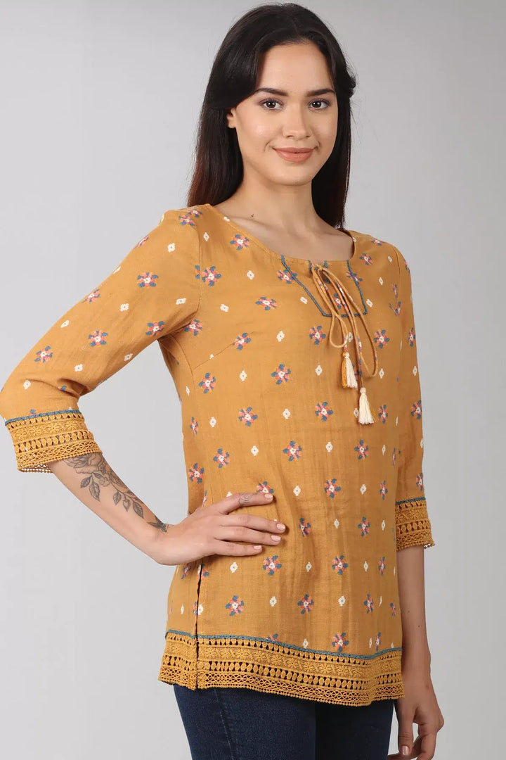Mustard tie-up neck top