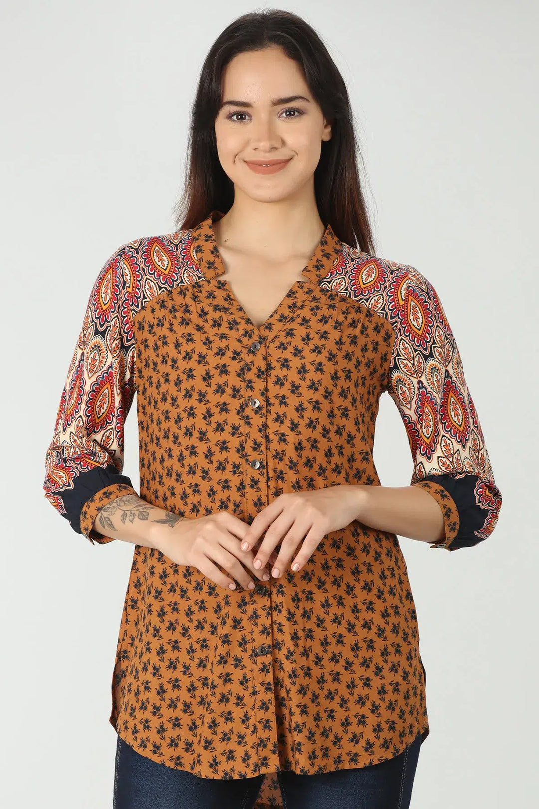 Orange printed shirt with v-neck