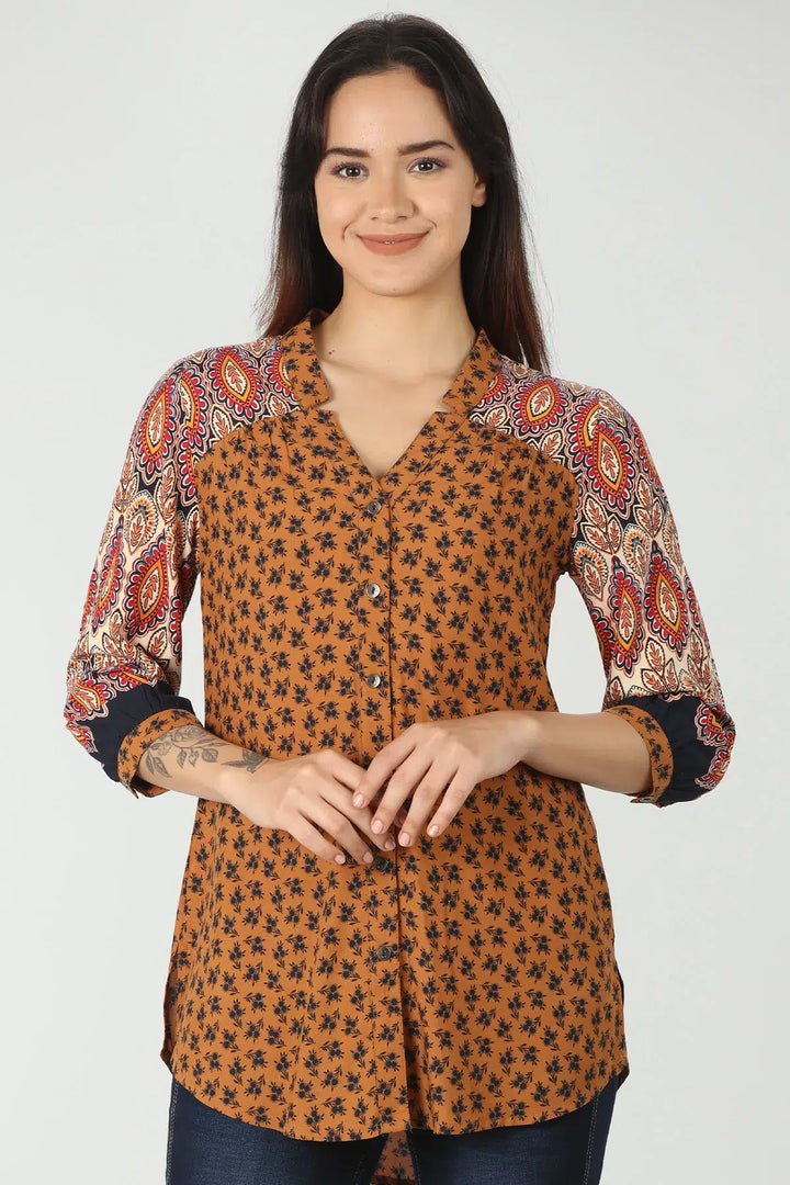 Orange printed shirt with v-neck