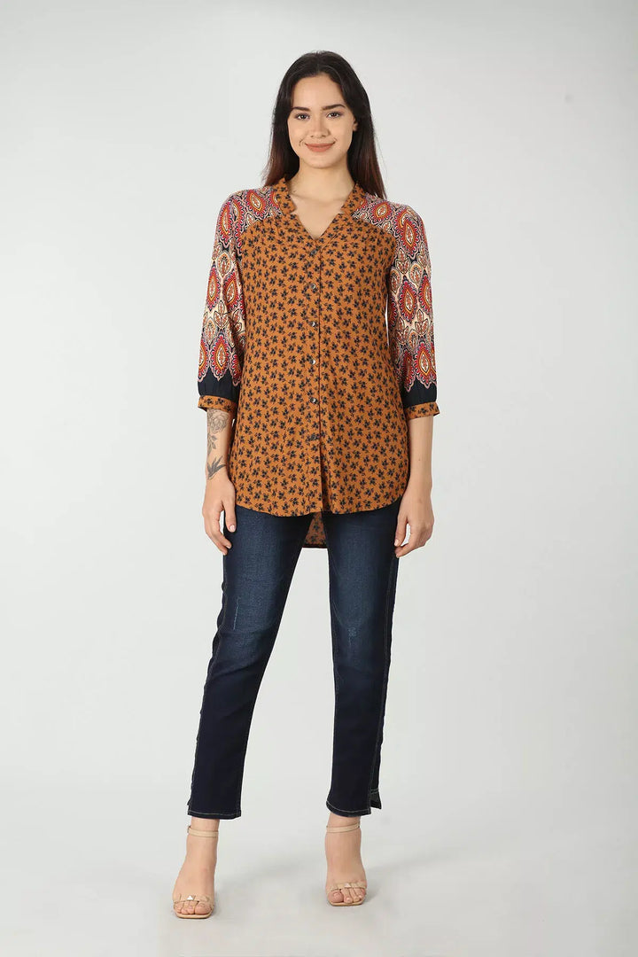 Orange printed shirt with v-neck