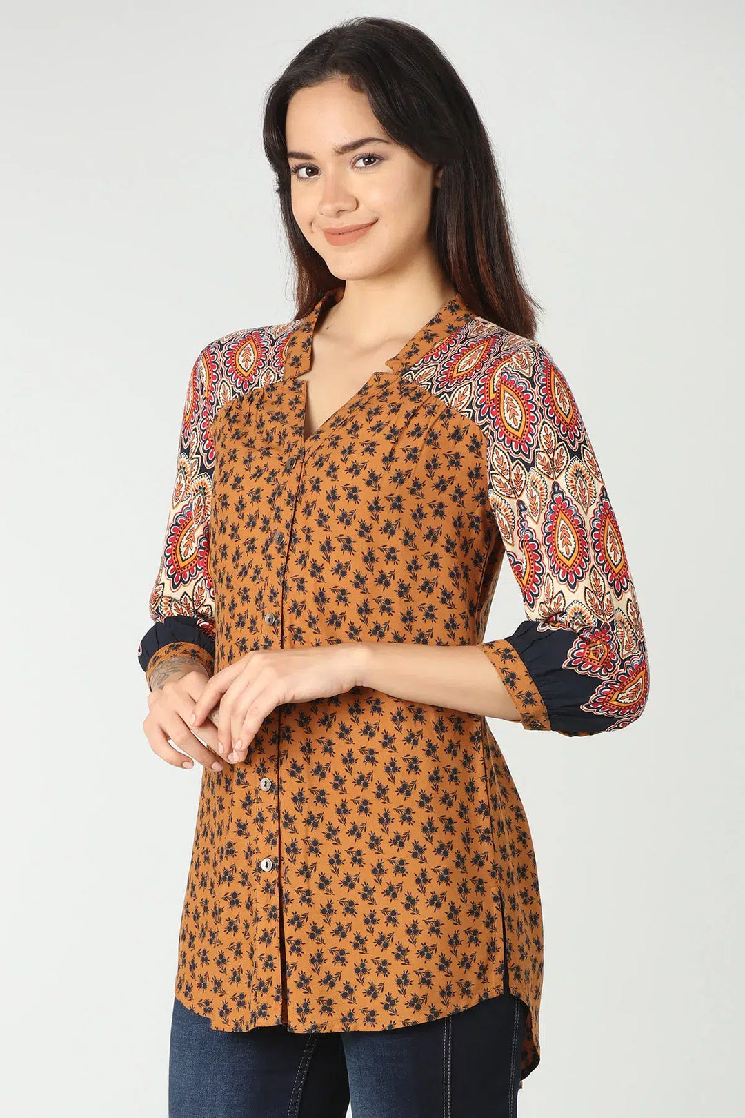 Orange printed shirt with v-neck