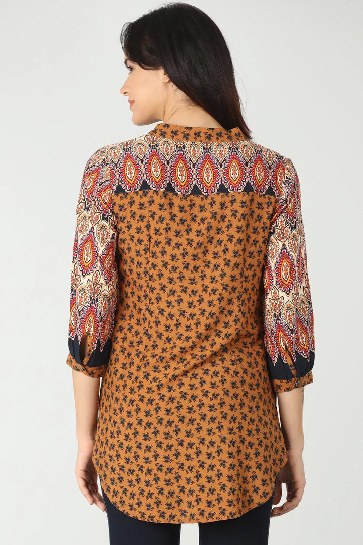 Orange printed shirt with v-neck