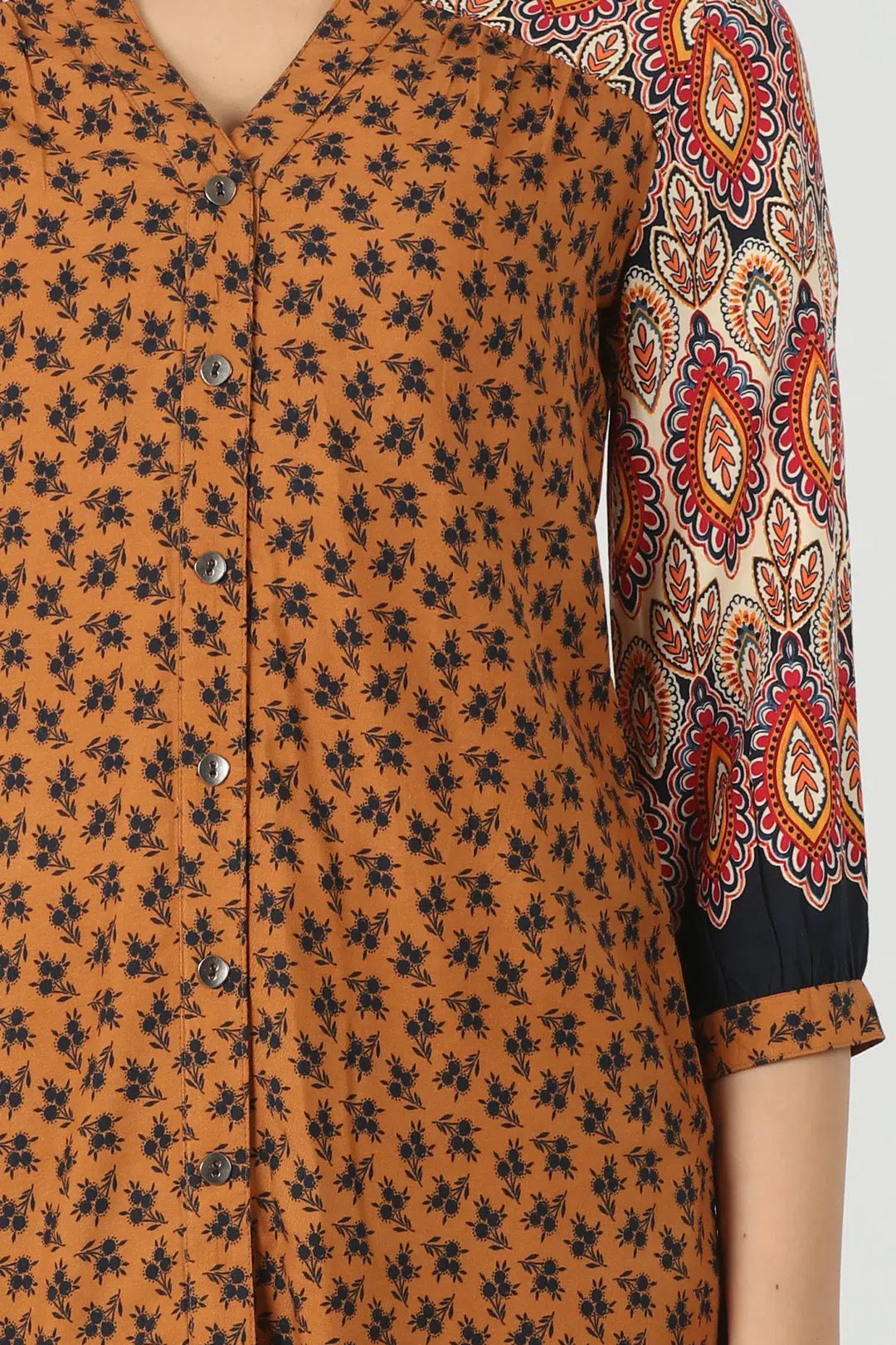 Orange printed shirt with v-neck