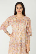 Cream Printed Dress with Round Neck