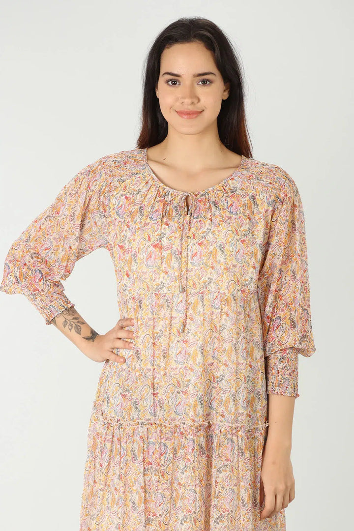 Cream Printed Dress with Round Neck