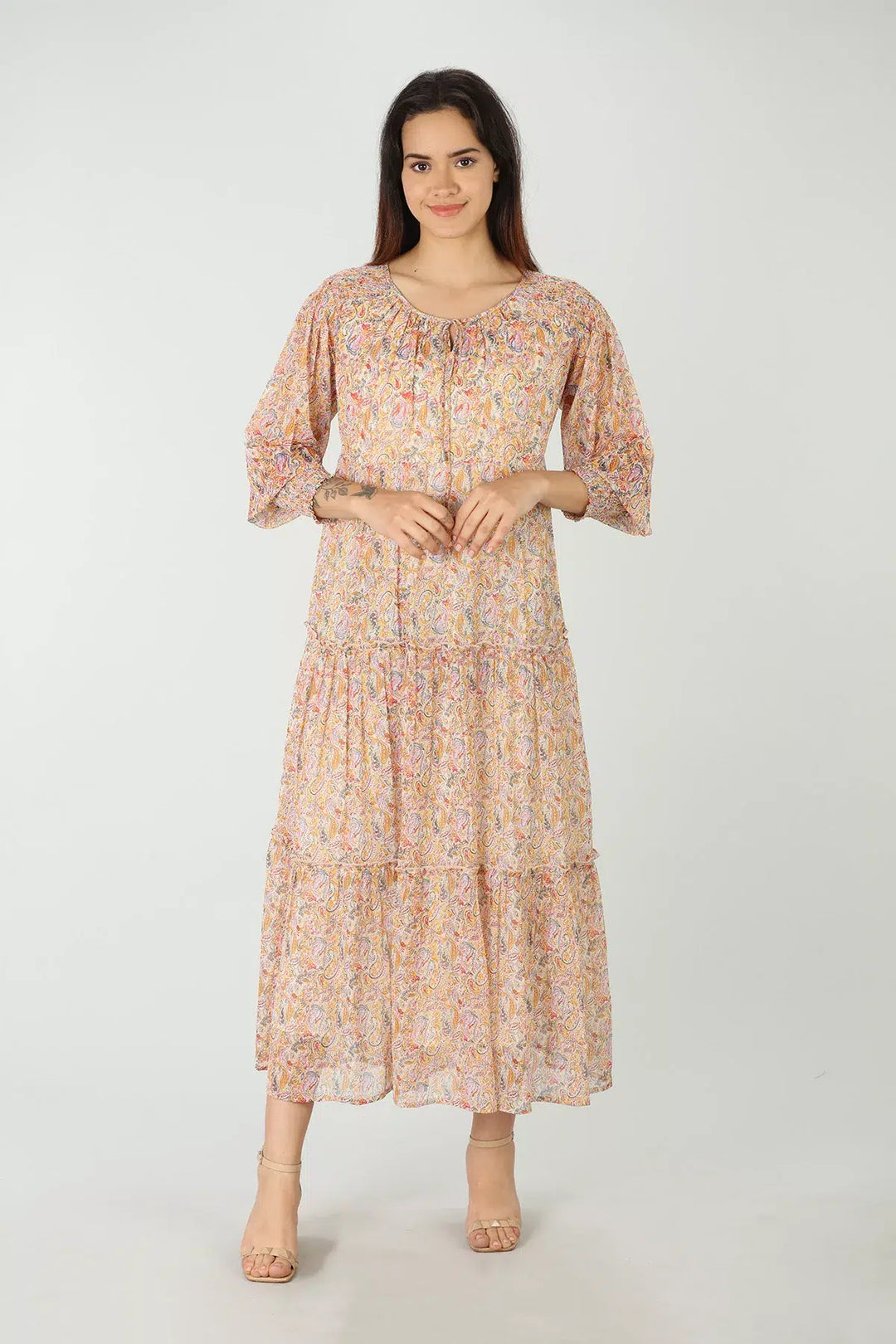Cream Printed Dress with Round Neck