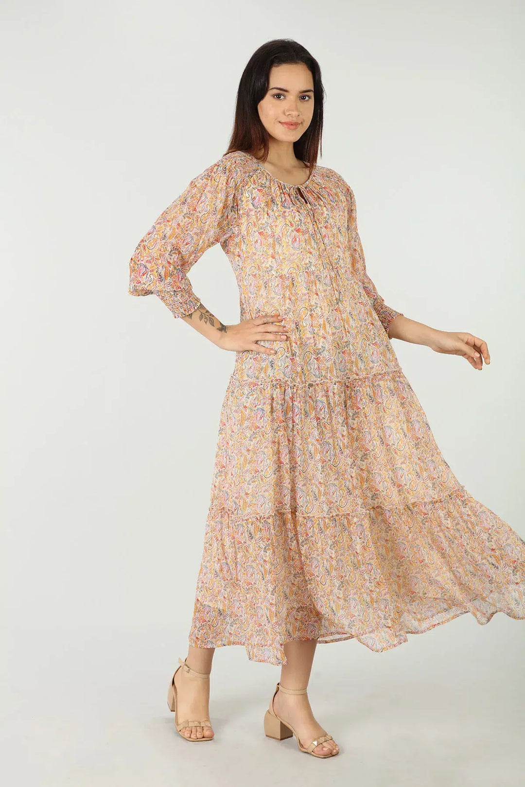 Cream Printed Dress with Round Neck