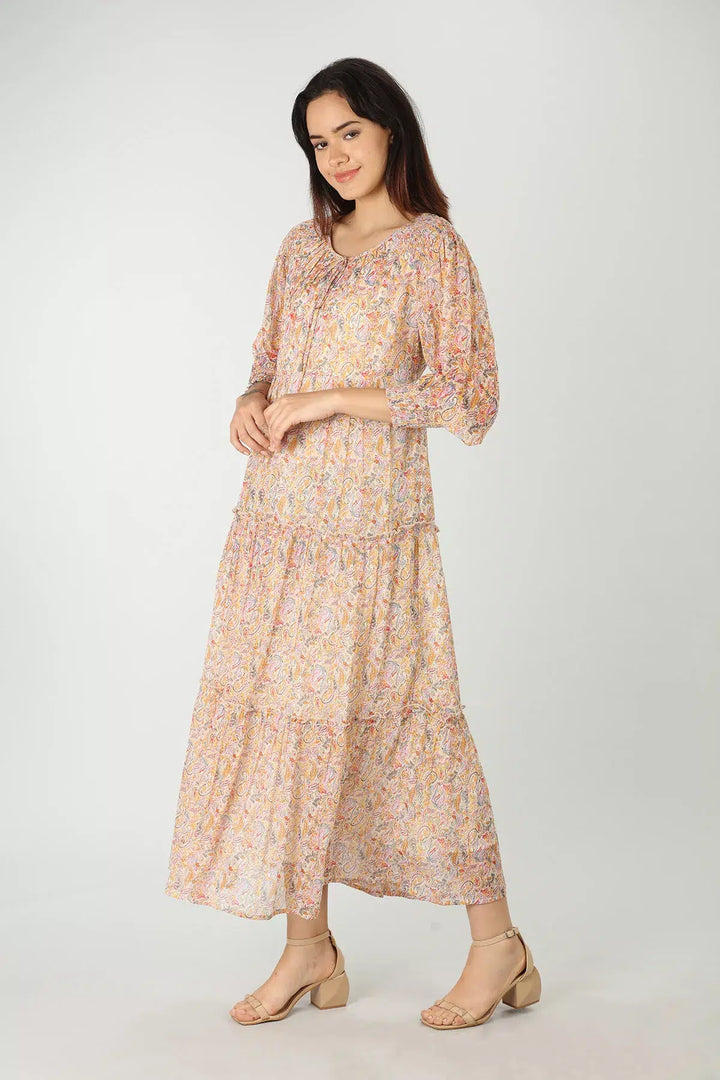 Cream Printed Dress with Round Neck