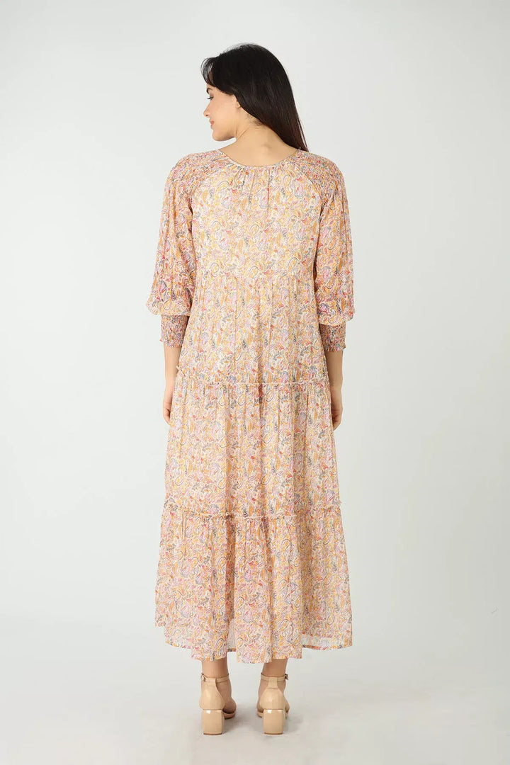 Cream Printed Dress with Round Neck