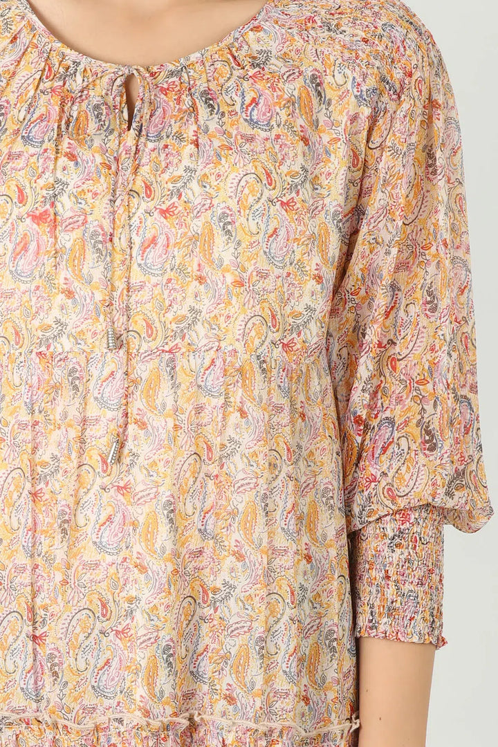 Cream Printed Dress with Round Neck