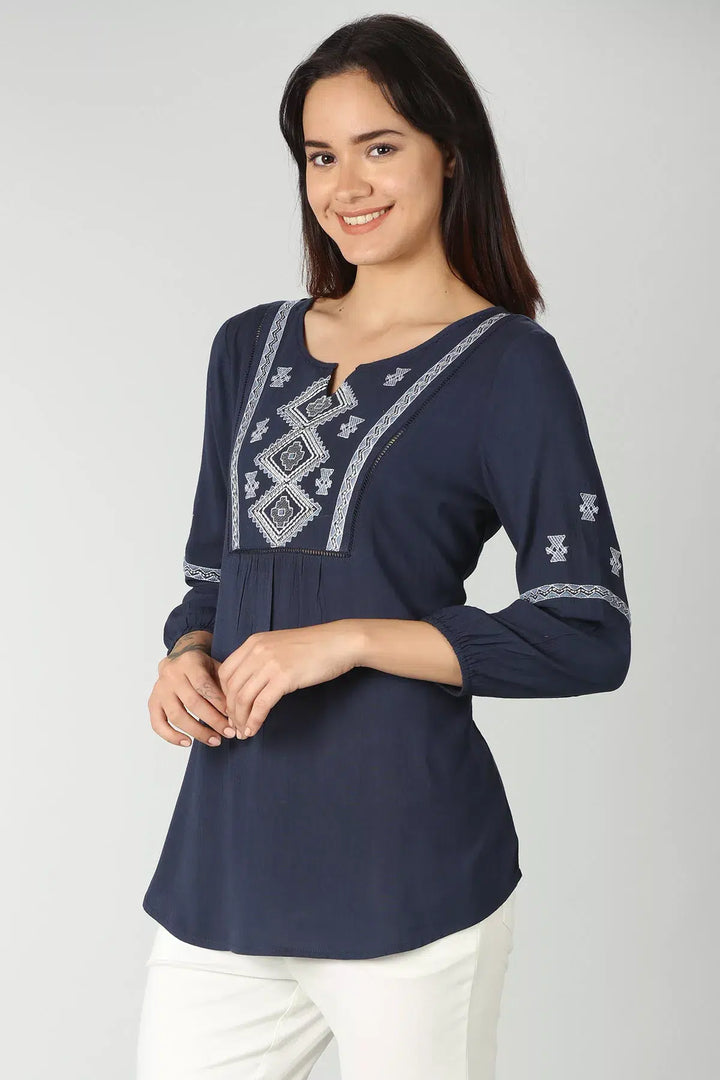 Embroidered Navy Blue Top