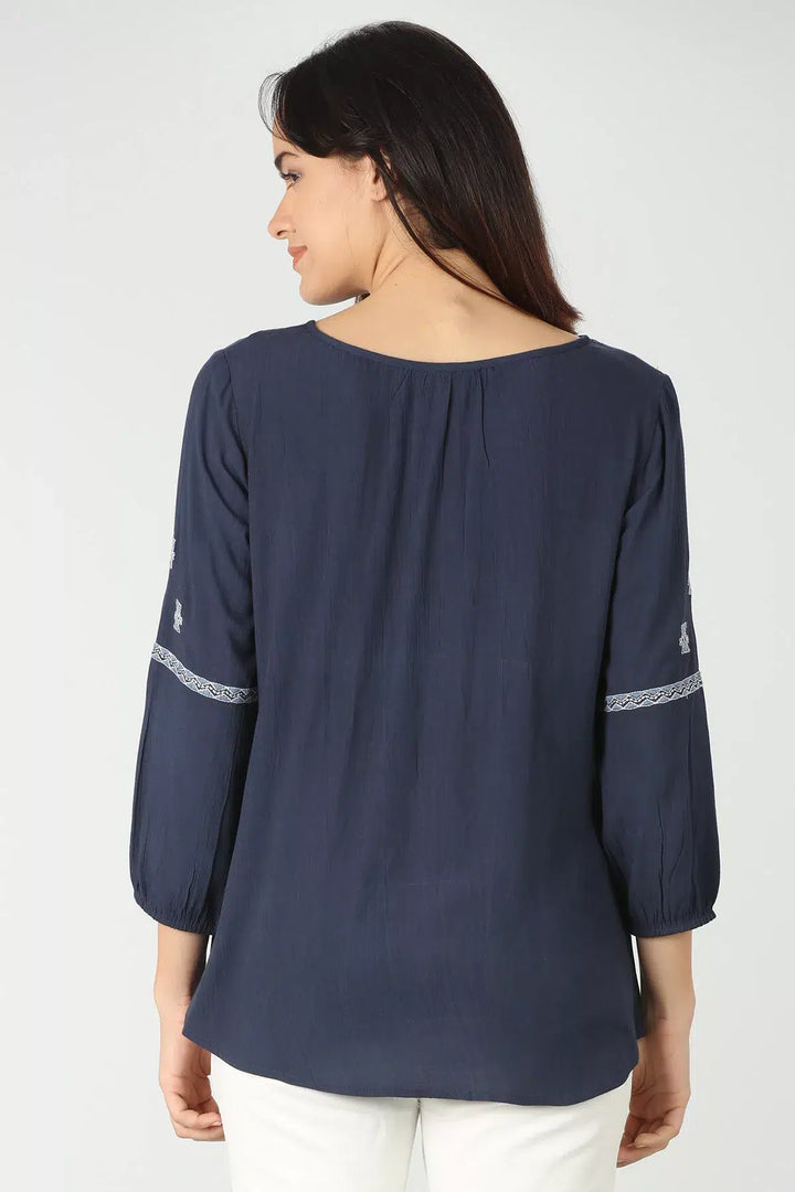 Embroidered Navy Blue Top