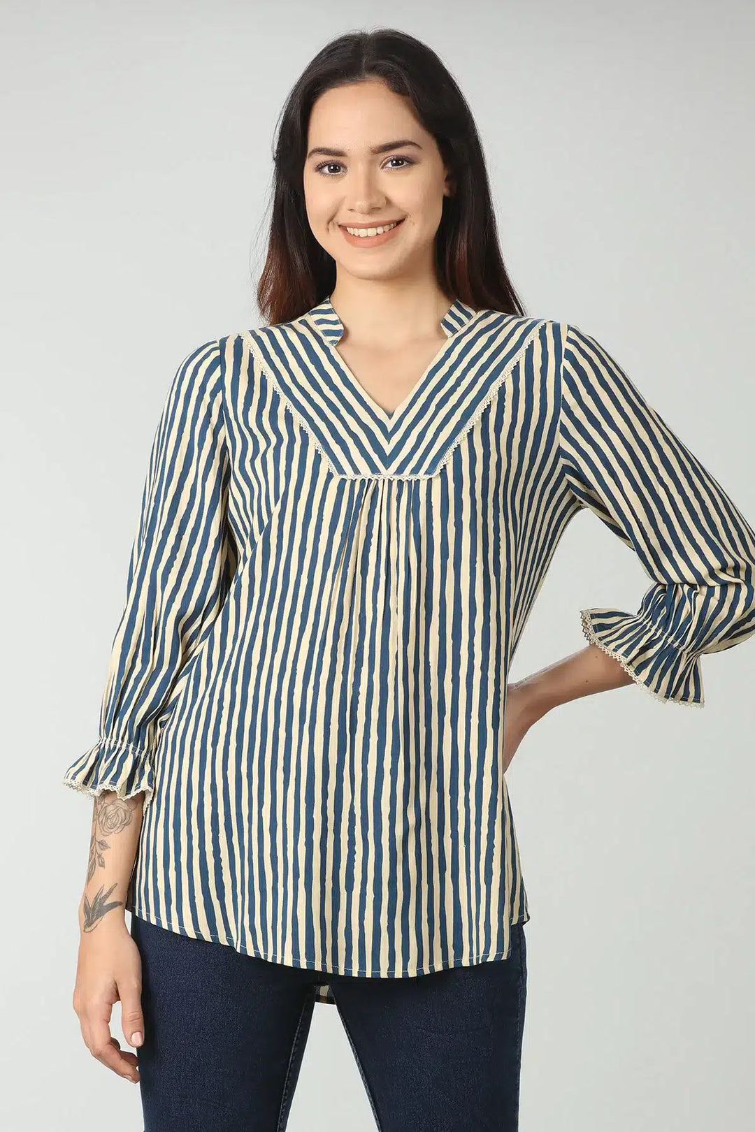 Blue rayon stripe top (Bell sleeves)