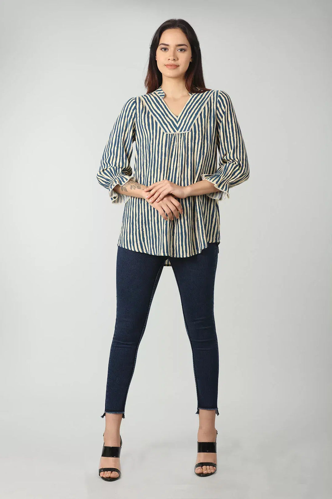 Blue rayon stripe top (Bell sleeves)
