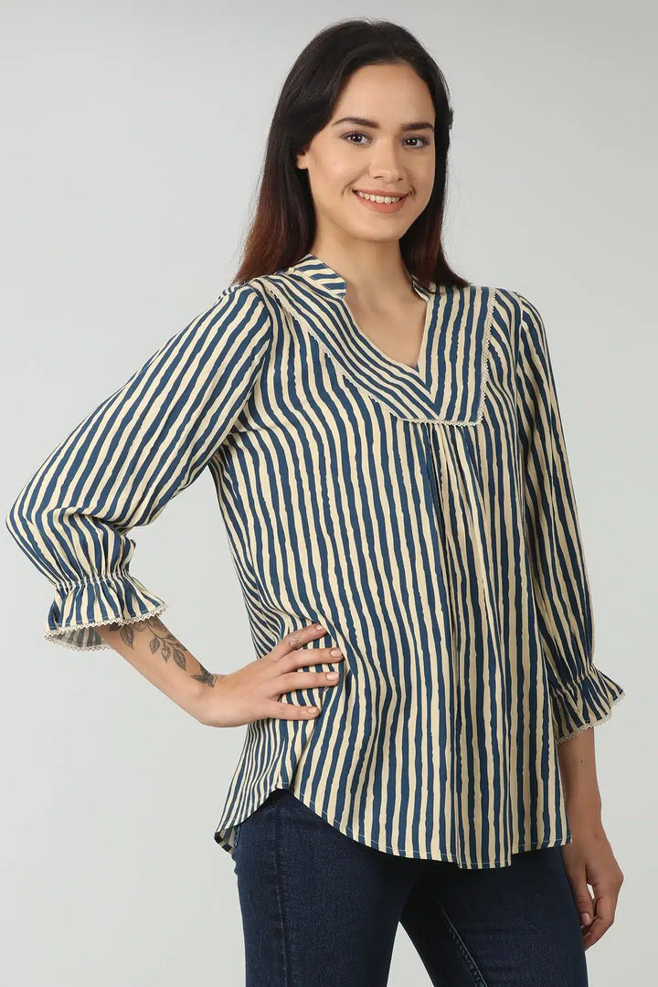 Blue rayon stripe top (Bell sleeves)