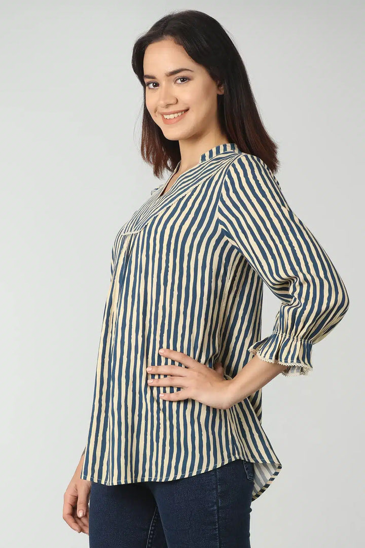 Blue rayon stripe top (Bell sleeves)